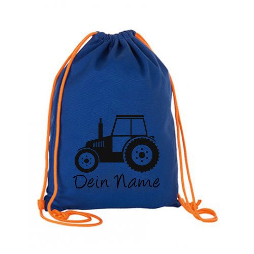 Turnbeutel mit Motiv mit eigenem Namen und Traktor Blau-Orange